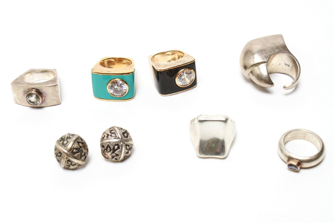 Ladies' Sterling Jewelry Rings and Earrings, 7 Pcs: Ladies' sterling silver jewelry, group of seven comprising rings and earrings, pair of clip-on earrings marked "Indonesia 925," two rings with black and turquoise enamel marked '925,' one oblong marke
