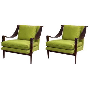 Enfield Modern Armchairs w Leather Swing Arms: Pair of Phillip Enfield modern armchairs, mahogany frames with leather swing arms, chartreuse green upholstery. 28" H x 39" W x 33" D. Minor break to one leather arm.