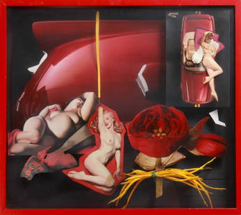 Michaele Vollbracht "Jaguar Car Nudes" Mixed Media: Michaele Vollbracht (American, 1947-2018) "Jaguar, car, nudes with Marilyn Monroe pin-up," signed in Lempicka print nude: "Michaele Vollbracht," mixed media / collage. Image: 18.25" H x 20.5" W;