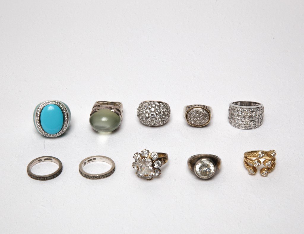 Ladies' Costume Jewelry Sterling Rings Group of 10: Ladies' costume jewelry sterling rings, group of 10, including one Judith Ripka, all marked sterling or '925.' Approx 3.10 ozt inclusive.