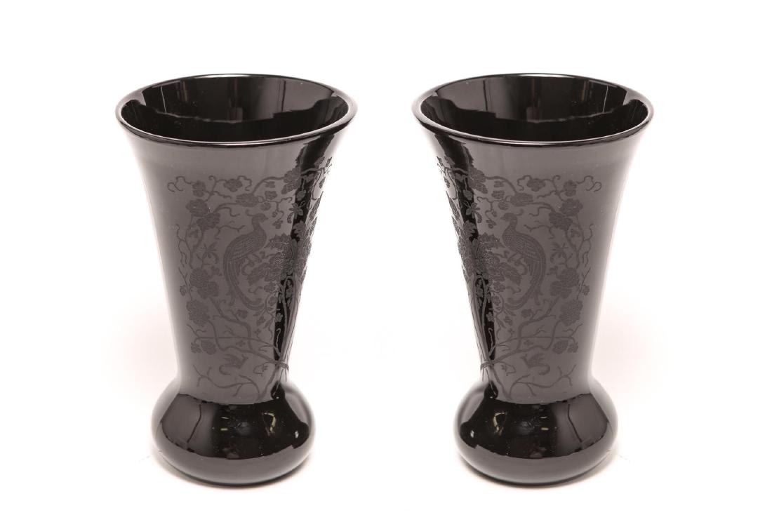 Black Etched Glass TrumpetForm Vases, Pair