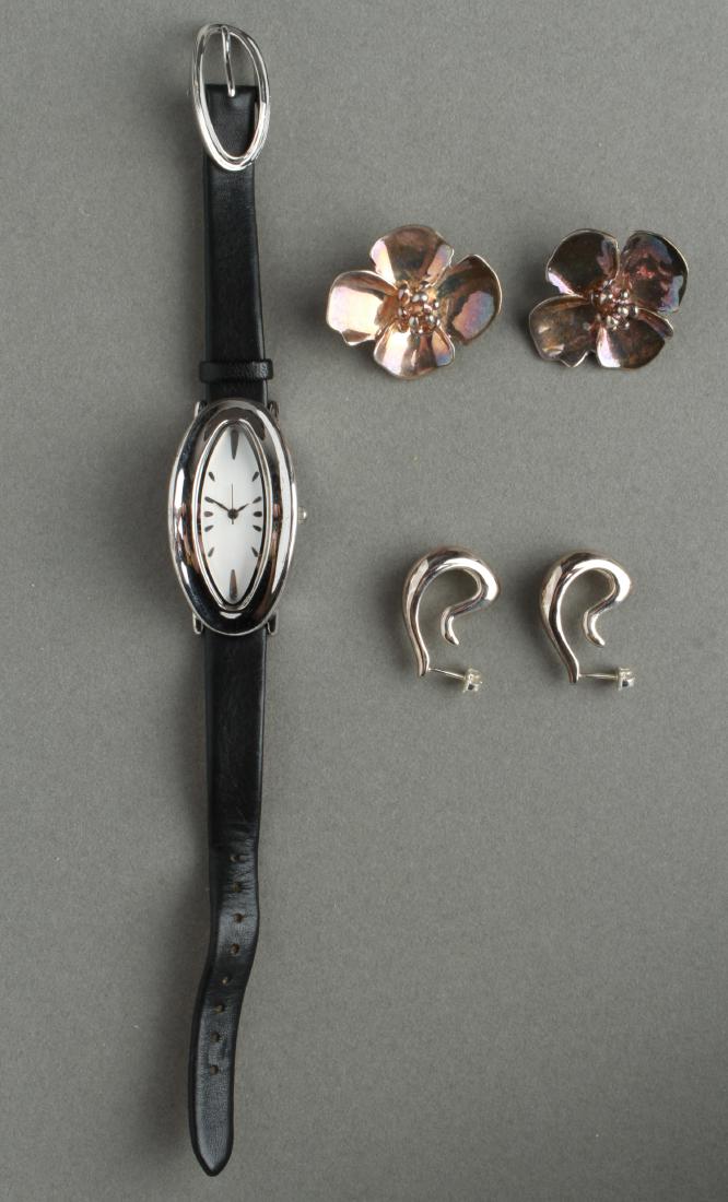 RLM Studio Robert Lee Morris Silver Watch Earrings: RLM Studio by Robert Lee Morris sterling silver ladies' watch and two pairs of earrings, one pair floral, the other stylized hook form, all marked "RLM Studio," ".925" or "Sterling." 1.93 ozt. inclusi