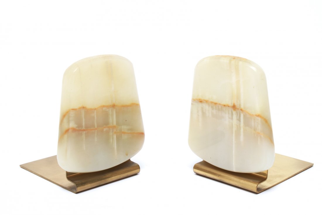 Modern Mark Cross England Onyx & Brass Bookends Pr: Modern Mark Cross England onyx and brass bookends, original label underneath: "Mark Cross / England," pair. 4.75" H. From the Estate of Elliott Lang.
