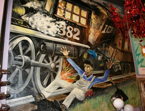 Monumental Modern Oil Ptg by LAWSON, Black Conduct: Monumental Modern Oil Painting by LAWSON, featuring an exploding steam engine train and a Black train Conductor reacting to the blast. Very large, and quite well rendered.78" x 71"