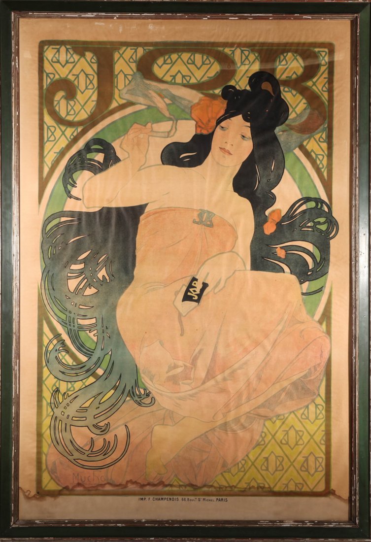 Mucha Art Nouveau "JOB" Color Lithograph: Alphonse Mucha (Czech, 1860-1939) "JOB," large advertisement poster, color lithograph on paper, signed in plate: "Mucha," Imp. F. Champenois. 66 Bould. St Michel, Paris," JOB is a trademark for the Jo