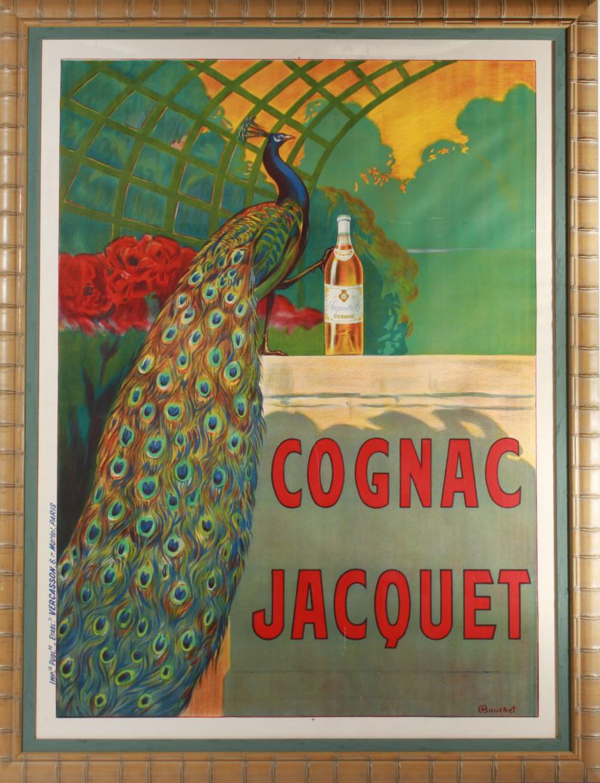 C. Bouchet "Cognac Jacquet" Peacock Lithograph: Camille Bouchet (French, 1799–1890) "Cognac Jacquet" peacock color lithograph, advertisement poster, signed in image lower rfight: Bouchet," printed along left margin: "Impie. Publte. Etablts. Verca