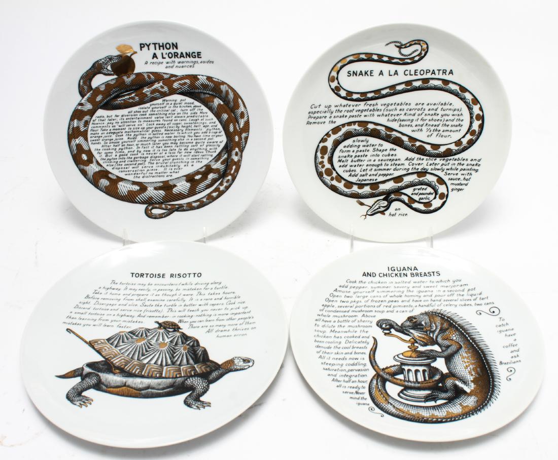 Pierro Fornasetti Fleming Joffe Recipe Plates, 4: Piero Fornasetti (Italian, 1913-1988) for Fleming Joffe "Recipe" porcelain plates, group of four, black and gilt on white ground with surrealistic recipes and illustrations for "Tortoise Risotto," "Sn