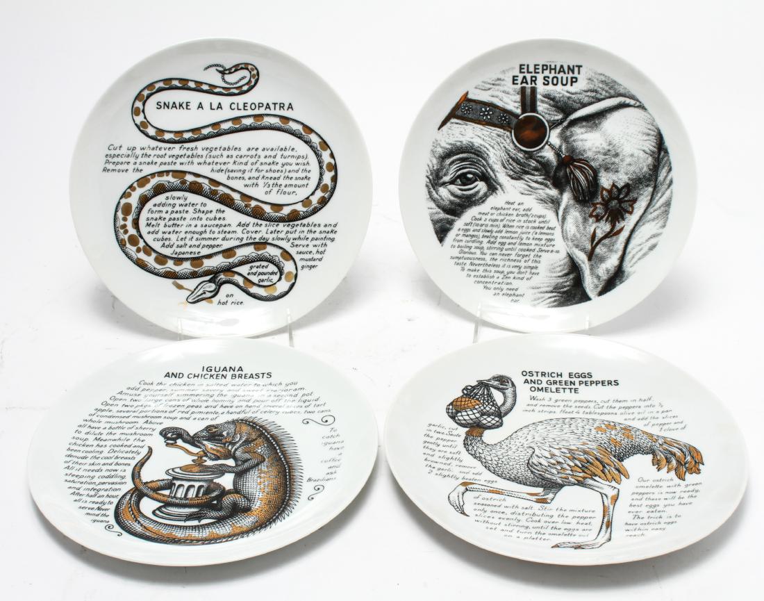 Pierro Fornasetti Fleming Joffe Recipe Plates, 4: Piero Fornasetti (Italian, 1913-1988) for Fleming Joffe "Recipe" porcelain plates, group of four, black and gilt on white ground with surrealistic recipes and illustrations for "Ostrich Eggs and Green