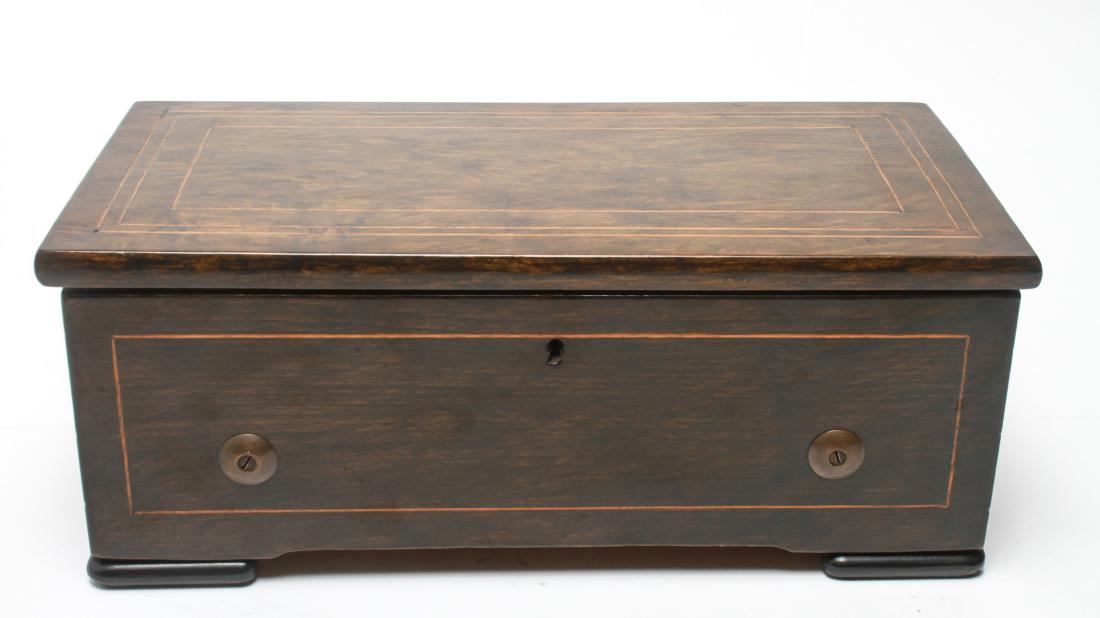 Swiss Grenier 6" Cylinder Music Box Wood 19th C: Swiss 6" cylinder music box, possibly T. H. Grenier or Grenier & Bremond, 19th century, string inlay on box cover and front, plays six tunes, underside marked; "Restored by John A. Paulo, New Bedford.