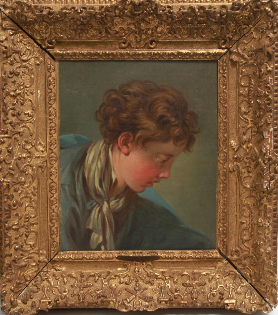Circle of Francois Boucher Portrait of Boy Oil: Circle of Francois Boucher (French, 1703-1770) "Portrait of boy," depicting young boy in profile wearing scarf, early paper label attached to reverse marked "Garde-Meubles Et. Walon Freres S.A. 102 Ru