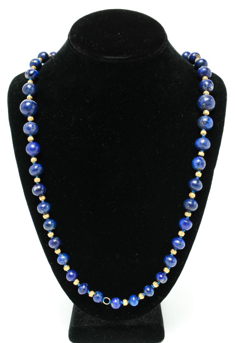 18K Gold & Lapis Lazuli Beaded Necklace / Choker: 18K yellow gold repousse roses small beads and lapis lazuli graduated beaded necklace and converts to double strand choker. 30" L. Gold tested; not weighable.