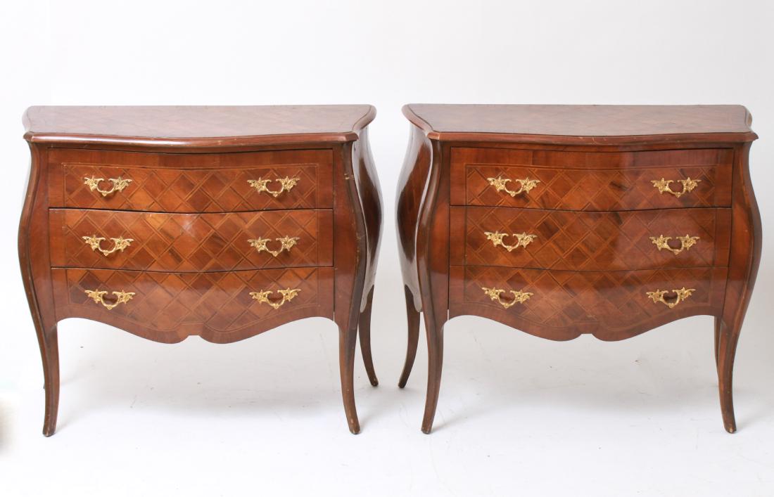 Italian Manner Bombe Commodes w Inlay, Pr: Pair of Italian manner bombe commodes, lattice marquetry / parquetry inlay, serpentine top over three conforming drawers, gilt metal pulls. 30" H x 34.5" W x 15" D. Minor splitting and losses to venee