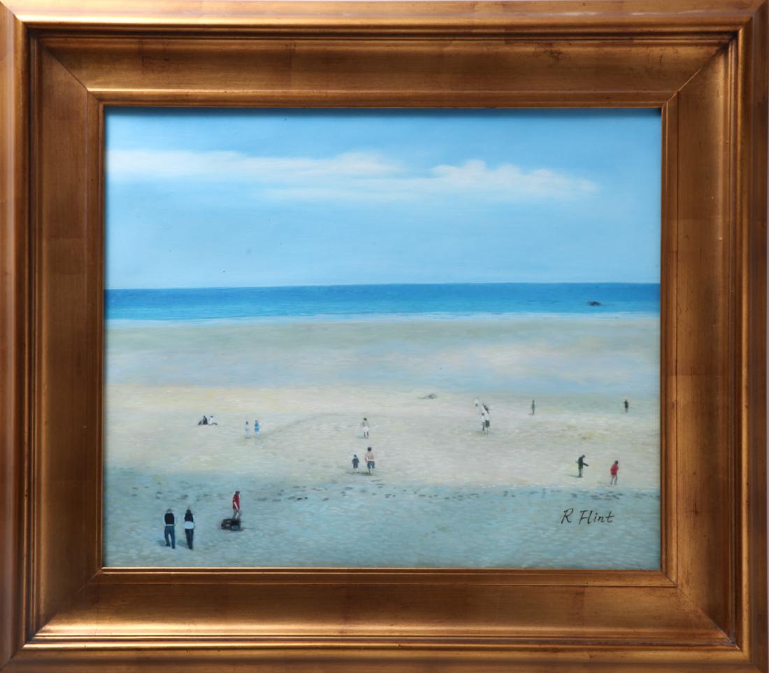 R. Flint "Beach Scene With Figures" Oil on Canvas: R. Flint "Beach scene with figures," depicting beach landscape populated with small figures, signed lower right "R. Flint," oil on canvas. Image: 19.5" H x 23.5" W; frame: 29" H x 33" W x 2" D.