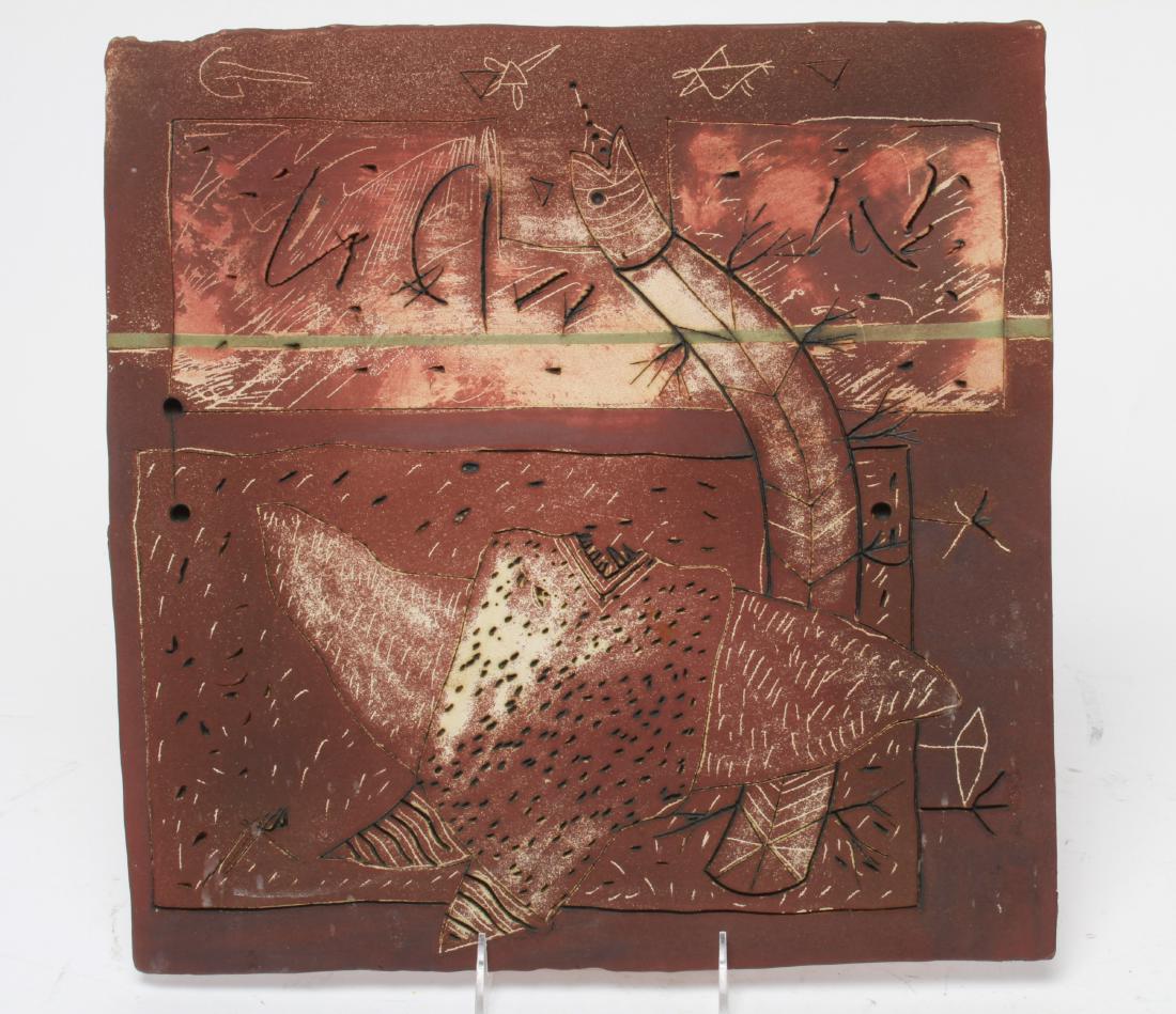 Susana Espinosa Art Pottery Hanging Wall Plate: Susana Espinosa (Argentinean, b. 1933) art pottery hanging wall plate, square form, depicting abstracted fish and eel, incised marks throughout, signed and dated on reverse "Espinosa 87." 14.5" sq.