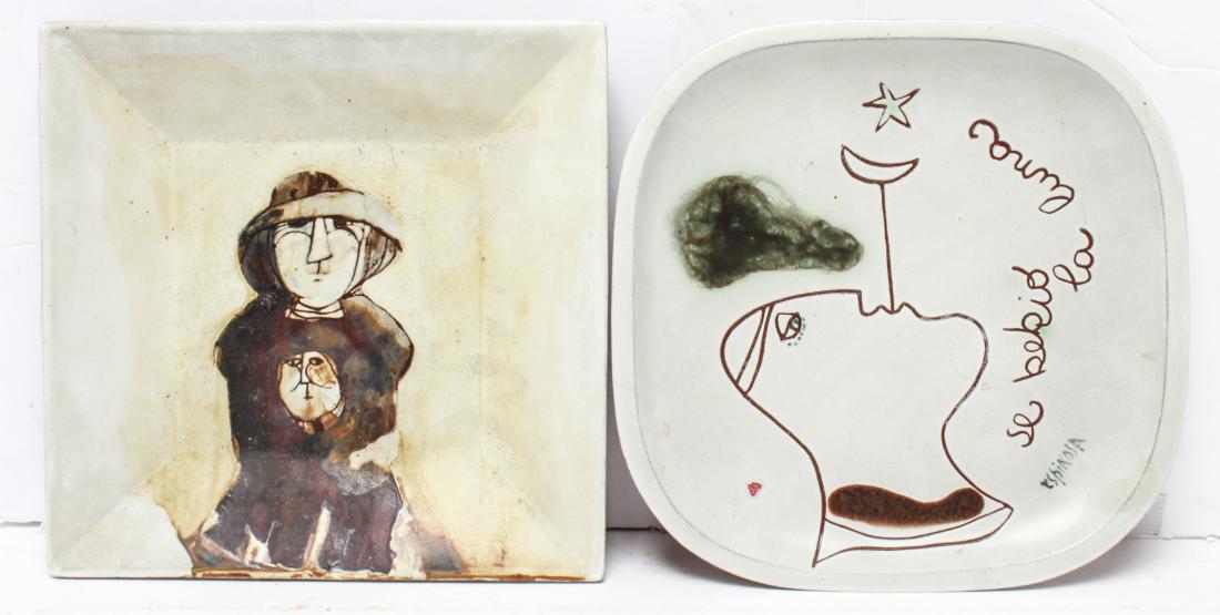 Susana Espinosa Redware Art Pottery Plates, 2: Susana Espinosa (Argentinean, b. 1933) redware art pottery hanging wall plates, group of two, comprising one square form with figure and child, signed and dated on reverse "Espinosa 80," the other squ