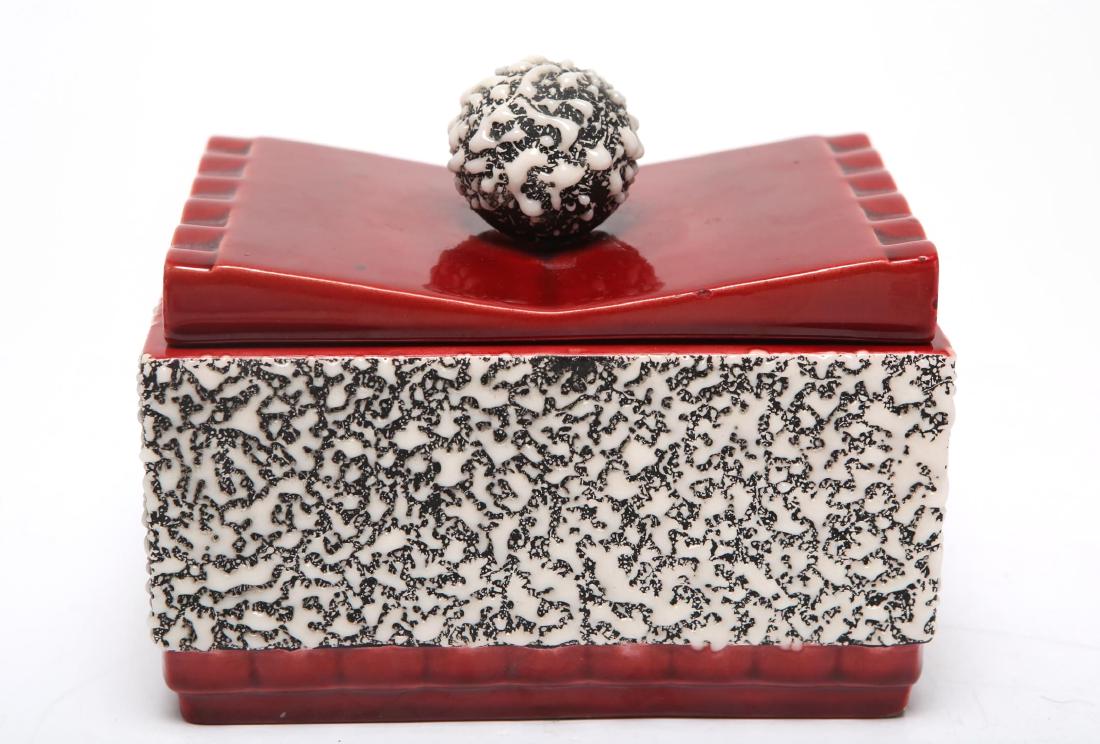 Art Deco Sevres Ceramic Box by Paul Milet, 1930s: Art Deco Sevres ceramic covered box with "winged" lid, designed by Paul Milet in the 1930s, rare, with oxblood red and anthracite gray glazes, and a white enamel "bubbled" surface on the sides and kno