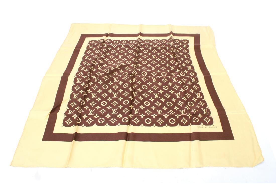 Louis Vuitton Vintage "Monogram" Silk Scarf: Louis Vuitton vintage "Monogram" silk scarf, yellow and brown with rolled edges, signed lower right "Louis Vuitton _ Paris." 29.5" square. Minor stains.