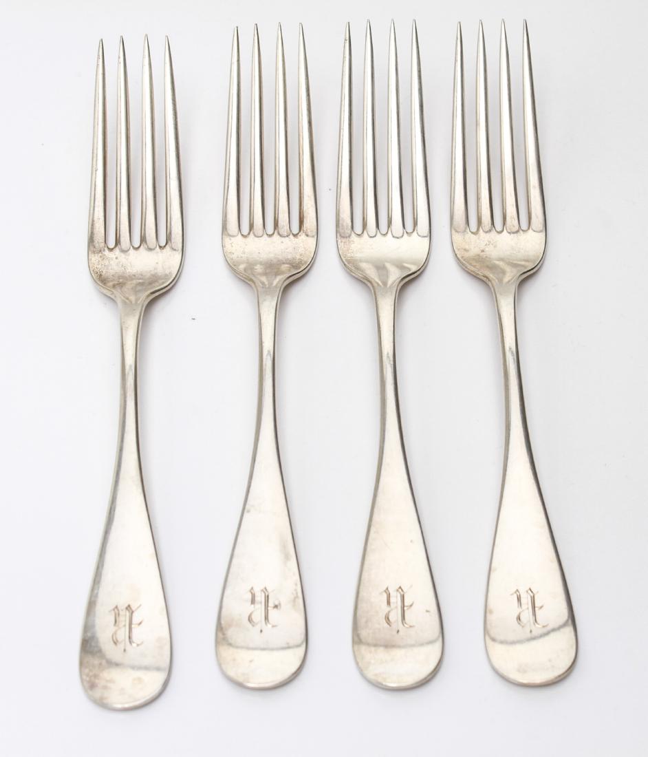 Bigelow Kennard Co Sterling Silver Dinner Forks, 4: Bigelow, Kennard & Co. sterling silver, set of four dinner forks, monogrammed, marked, "Bigelow, Kennard & Co. / Sterling." 8" L. Approx 8.47 ozt. From the Estate of Peter Knoll.