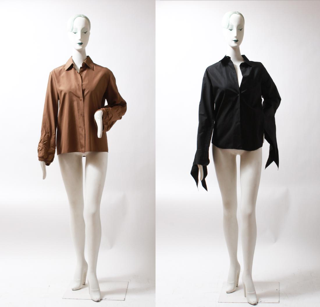 Ladies' Designer Blouses incl. Hermes & YSL, 2 Pcs: Two ladies designer blouses / shirts comprising a black Hermes with angel sleeves, size 40, and an Yves Saint Laurent taupe, size 40. YSL: shoulders: 17" W; sleeves: 23" L; length: 27" L. YSL with wea