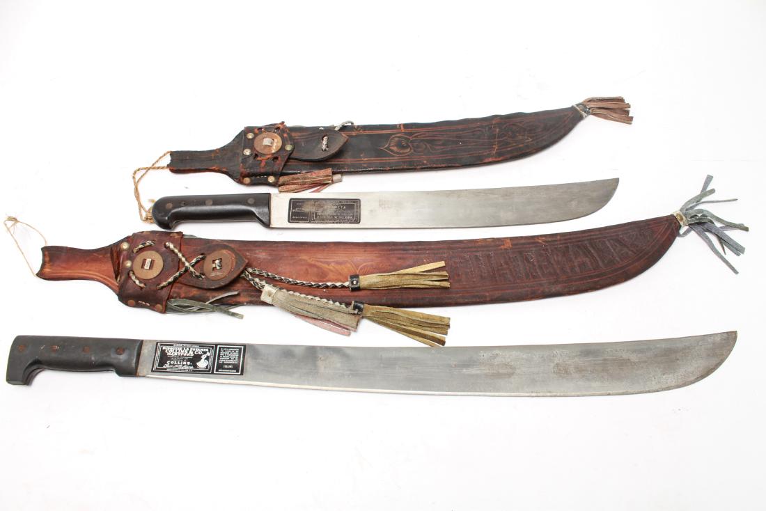 Knives / Machetes incl Cornet Imacasa & Collins, 2: Two knives / machetes, both with leather sheaths, the first a Cornet Imacasa, with original label attached to blade, made in El Salvador, the other Collins & Co., with original label attached to blade