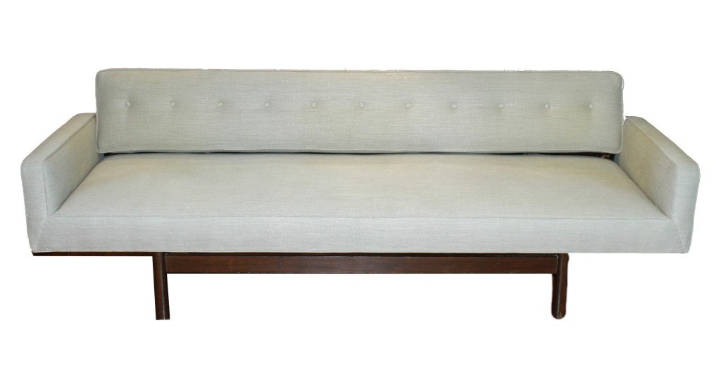 Edward Wormley for Dunbar Gondola Manner Sofa: Edward Wormley for Dunbar "Gondola" manner sofa, accompanied by four throw pillows. 30.5" H x 90.5" L x 28" D. From the Collection of Actor Ron Rifkin.