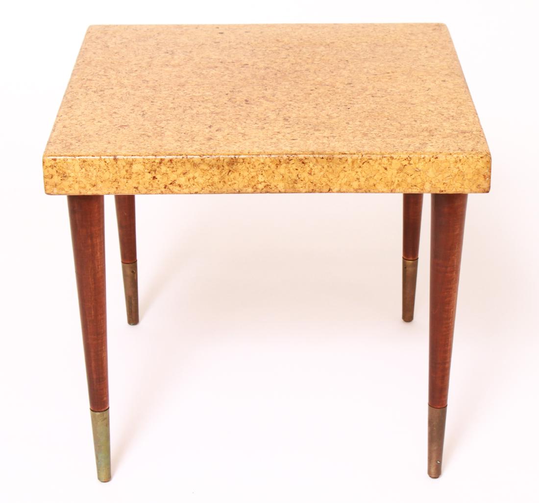 Paul Frankl Cork Square Top Occasional Table: Paul Frankl for Johnson Furniture Co. mid-century modern occasional table, manufactured square lacquered cork top, four tapering mahogany legs with metal caps. 16" H x 18" square. From the Collection 
