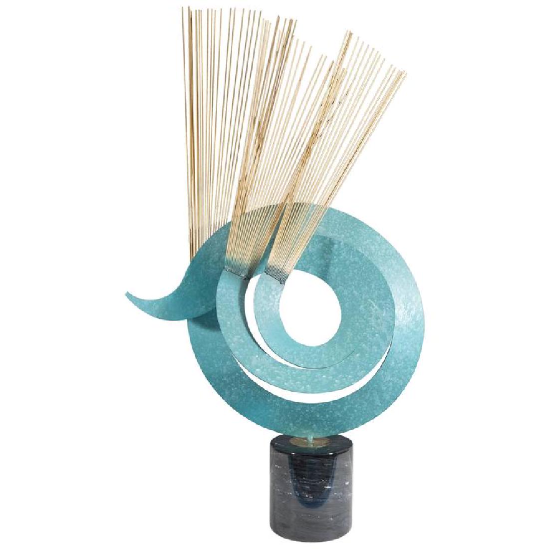 Curtis Jere Abstract Kinetic Table Sculpture: Curtis Jere post-modern abstract kinetic table sculpture in mixed metal on black marble cylinder base, includes artist's copyright, signed and dated "C. Jere 1986." 38.5" H. x 22" W x 7" D.