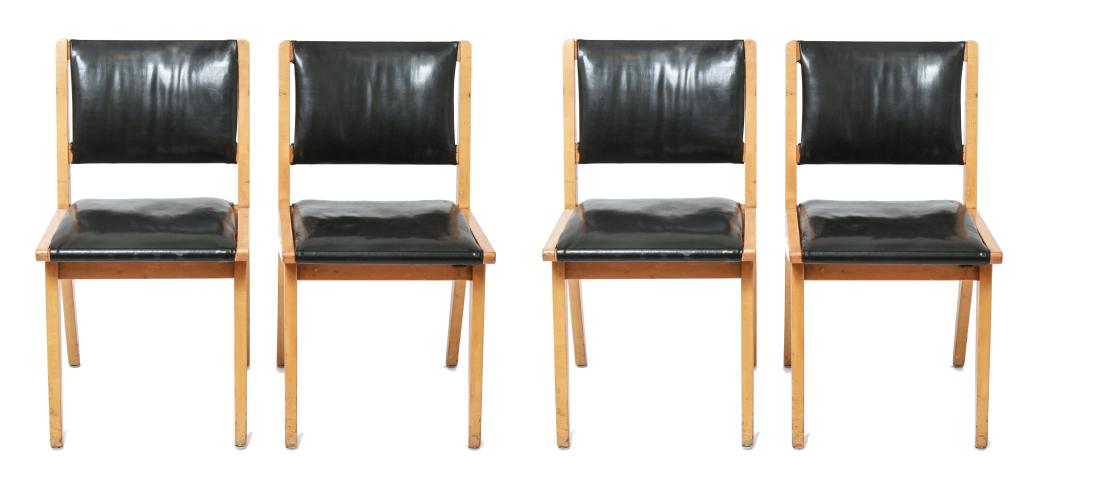 Risom for Knoll Mid-Century Modern Chairs, 4: Jens Risom for Knoll mid-century modern dining side chairs, group of four, maker's label underside, birch frame with black leather upholstery. 30.5" H x 17.5" W x 18" D. From the Collection of Actor R