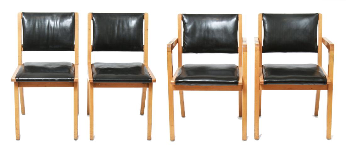 Risom for Knoll Mid-Century Modern Chairs, 4: Jens Risom for Knoll mid-century modern dining chairs, group of four comprising two arm chairs and two side chairs, maker's label underside, birch frame with black leather upholstery. 30.5" H x 17.5"