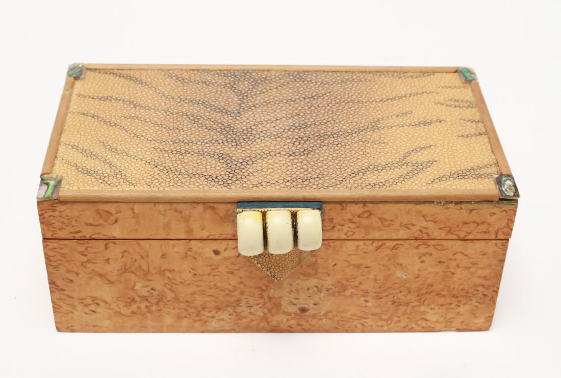 Shagreen w Tiger Stripes Motif Exotic Wood Box: Shagreen with tiger stripes motif with abalone shell details exotic wood box. 3" H x 7.25" W x 3.75" D. From the Collection of Actor Ron Rifkin.