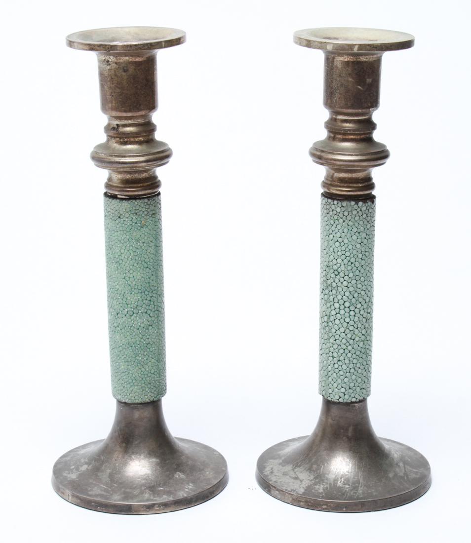 Shagreen & Silverplate Candlesticks, Pair: Pair of shagreen and silverplate candlesticks, columnar form with round bases. 8" H x 3.125" diameter. From the Collection of Actor Ron Rifkin.