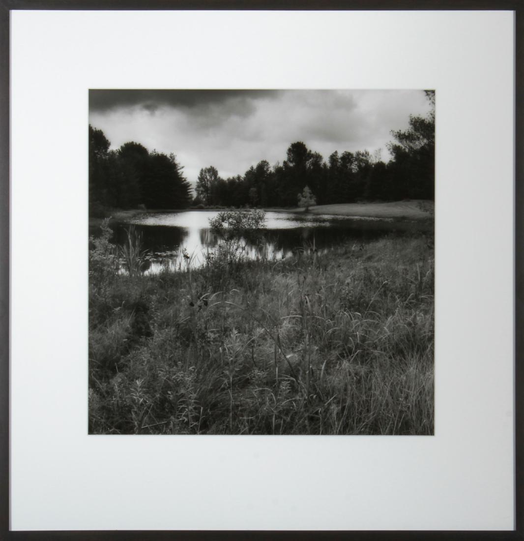 Sally Gall Pond Gelatin Silver Print Photograph: Sally Gall (American, b. 1956) Pond, gelatin silver print, black and white photograph, signed and titled on reverse "Pond." Image: 14.75" x 14.75" W; frame: 23.25" H x 22.5" W x 1.5" D. From the Colle