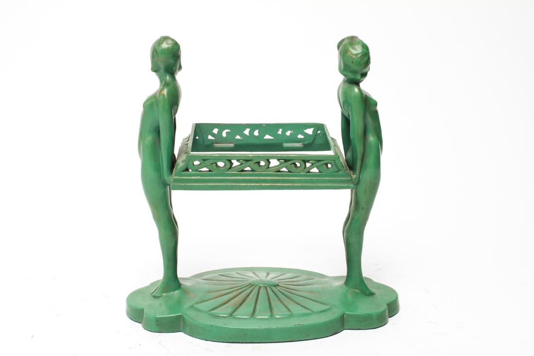 Art Deco Frankart Nude Sculptures Trinket Tray: Art Deco Frankart double nude standing figures sculpture trinket tray, missing tray insert. 9.5" H x 9.5 " W x 4.5" D.