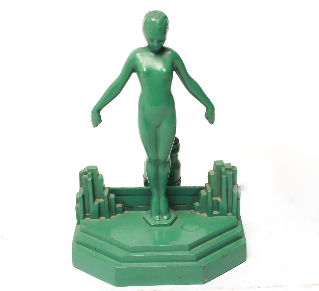 Art Deco Frankart Boudoir Lamp Nude Sculpture: Art Deco Frankart boudoir lamp nude standing figure sculpture, glass shade not present. 9.5" H x 6.5" W x 5" D.