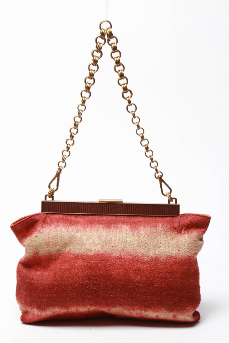 Prada Wool, Leather & Enamel Handbag: Prada handbag / purse, wool with red gradient, enameled clasp and gold-tone chain and hardware, maker's plaque on front "Prada Milano Dal 1913," orange leather interior with one zipped pocket, marked
