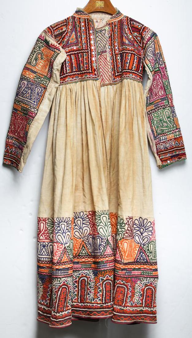 Indian Banjara Embroidered Mirrored Woman's Coat: Indian Banjara embroidered and mirrored woman's linen coat, antique, with colorful elaborate floral thread work on the button-up bodice, sleeves, and hem. Lacking some fasteners. Linen beginning to ox