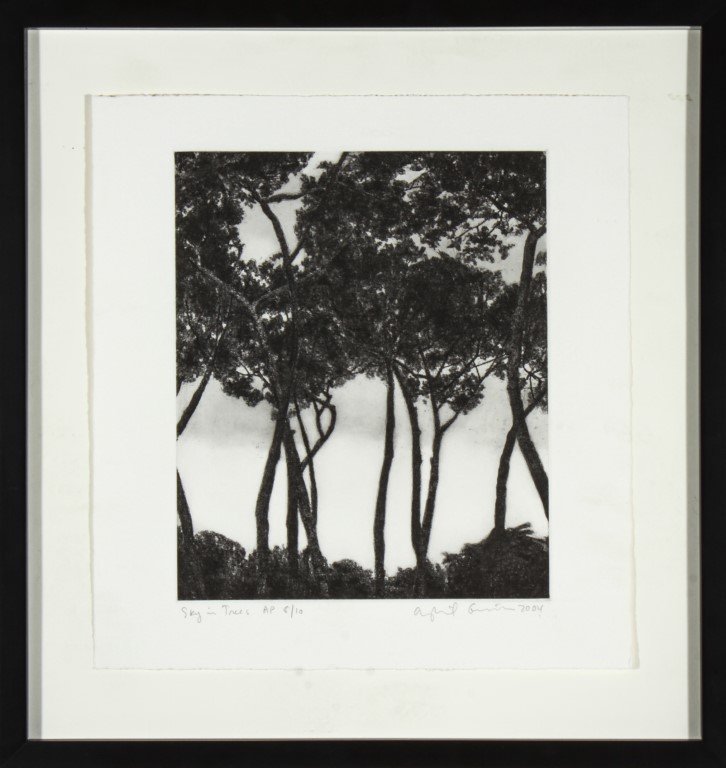 April Gornik "Sky in Trees" Etching on Paper: April Gornik (American, b. 1953) "Sky in Trees," 2004, signed and inscribed in pencil in margin "Sky in Trees AP 8/10 April Gornik 2004," etching on paper. Image: 8.75" H x 7.375" W; sheet: 11.25" H x