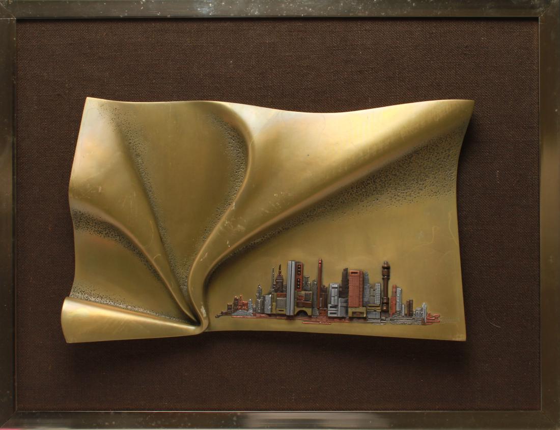 Giovanni Schoeman "Cyclone" Metal Sculpture: Giovanni Schoeman (South African, 1940-1980) "Cyclone" cityscape, bas-relief metal sculpture, signed and dated lower right: "Giovanni Schoeman '75," label on reverse: "Glen Cove Sculpture Works." Imag