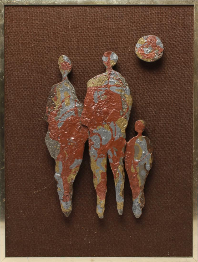 Giovanni Schoeman "Three Figures" Metal Sculpture: Giovanni Schoeman (South African, 1940-1980) "Three figures and moon" bas-relief metal sculpture, signed and dated lower right: "Giovanni Schoeman '75." Image: 17" H x 11.5" W x 1.5" D; frame: 24.5" H
