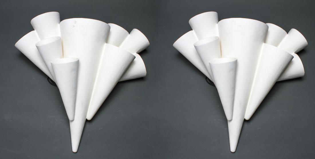 Rare Alexandre Loge "Coronet" Sconces Plaster, Pr: Mid-Century Modern manner pair of Alexandre Loge "Coronet" plaster sconces, formed in the shape of a cluster of cones in various sizes, light source in each cone, signed maker's monogrammed mark: "AL,