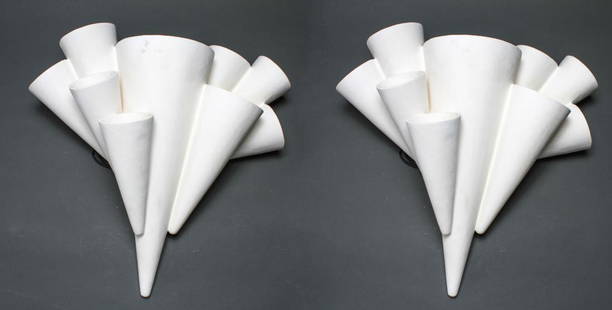 Rare Alexandre Loge "Coronet" Sconces Plaster, Pr: Mid-Century Modern manner pair of Alexandre Loge "Coronet" plaster sconces, formed in the shape of a cluster of cones in various sizes, light source in each cone, signed maker's monogrammed mark: "AL,