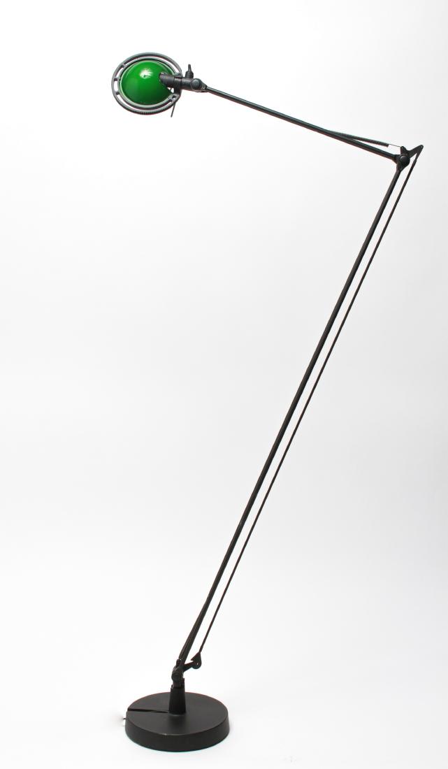 Meda & Rizzatto for Luceplan "Berenice" Floor Lamp: Alberto Meda & Paolo Rizzatto for Luceplan "Berenice" modern floor task lamp, designed circa 1985, adjustable arm with spring joint design, green glass shade. Fixture: 31" H; arm: 12" L; base: 6" diam