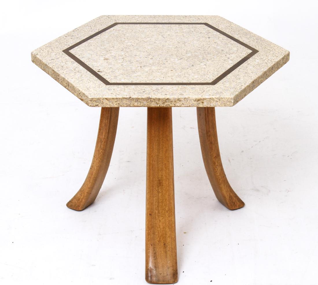 Harvey Probber Hexagonal Terrazzo Top Side Table: Harvey Probber modern occasional / side table, hexagonal terrazzo / stone top with brass band inlay, three splayed wooden legs. 17.5" H x 21.75" W x 19" D. From the Collection of Actor Ron Rifkin.