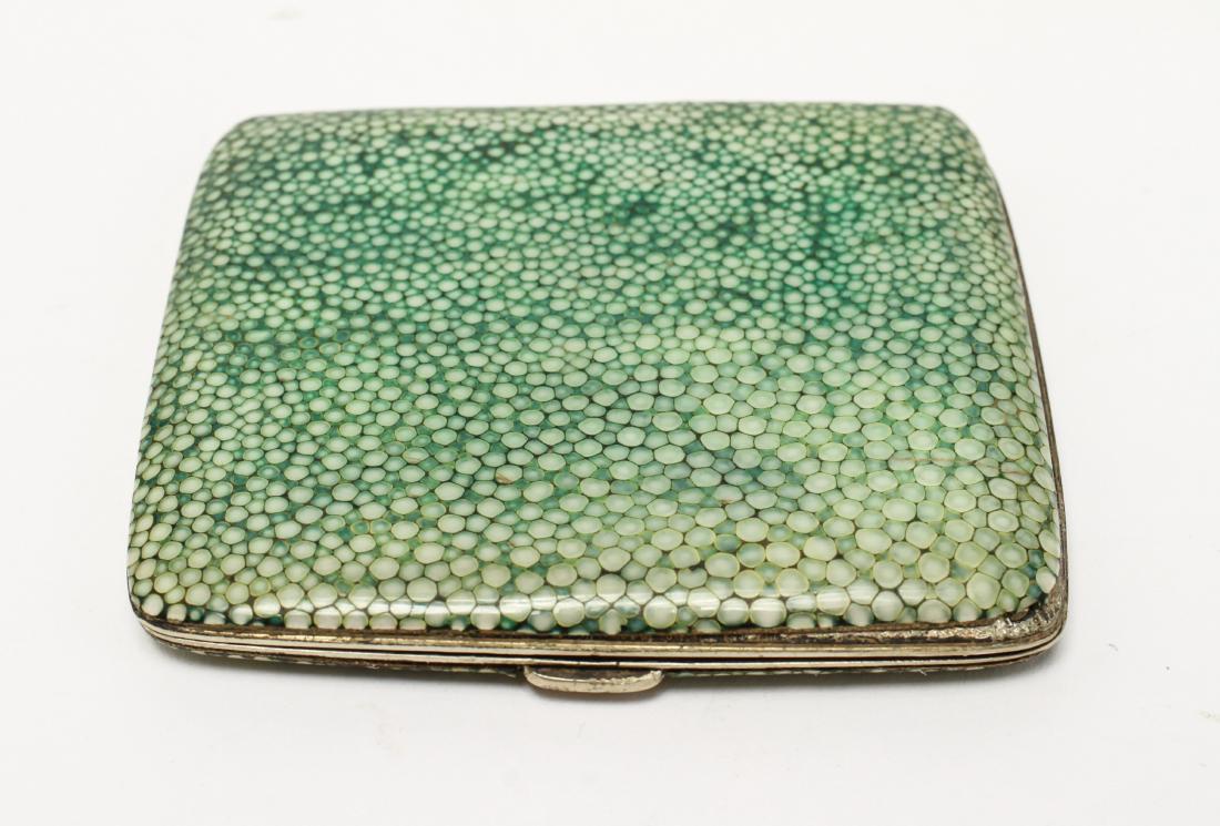 English Shagreen & Silver-Plate Cigarette Case: English shagreen and silver-plate square cigarette case, marked: "Made in England / EPNS" 3.375" square. From the Collection of Actor Ron Rifkin.
