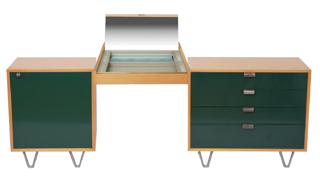 George Nelson for Herman Miller 3-Pc Bedroom Suite: George Nelson for Herman Miller mid-century modern three piece blonde wood bedroom suite comprising single door cabinet and chest of four drawers, both with green finish and metal pulls and metal hair