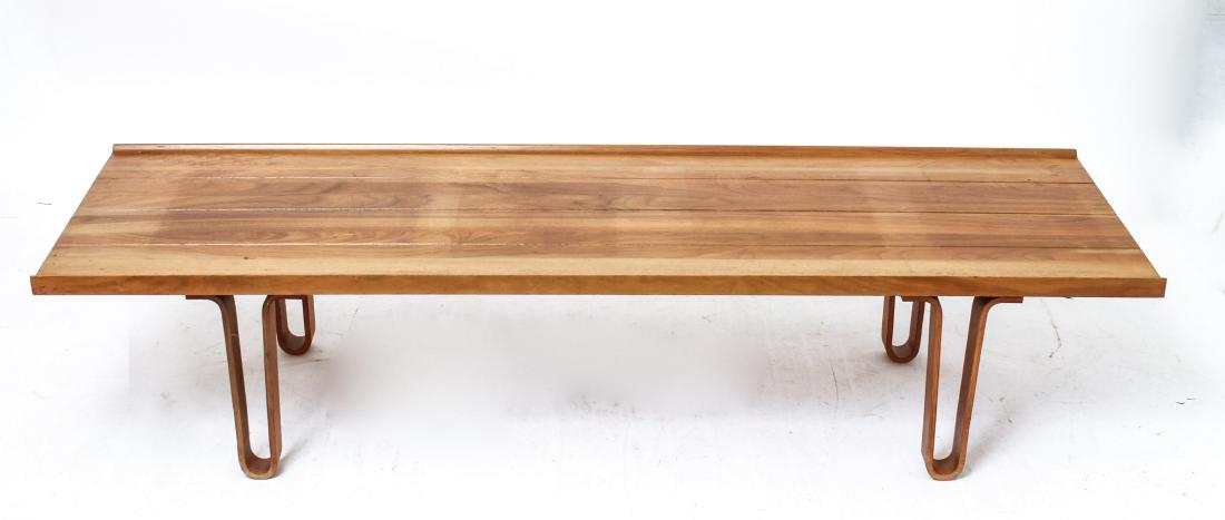 Edward Wormley for Dunbar Long John Walnut Bench: Edward Wormley for Dunbar mid-century modern "Long John" bench, rectangular top, long edges with up-curved lips, raised on four molded hairpin legs, walnut. 12" H x 72" W x 18.75" D. From the Collecti