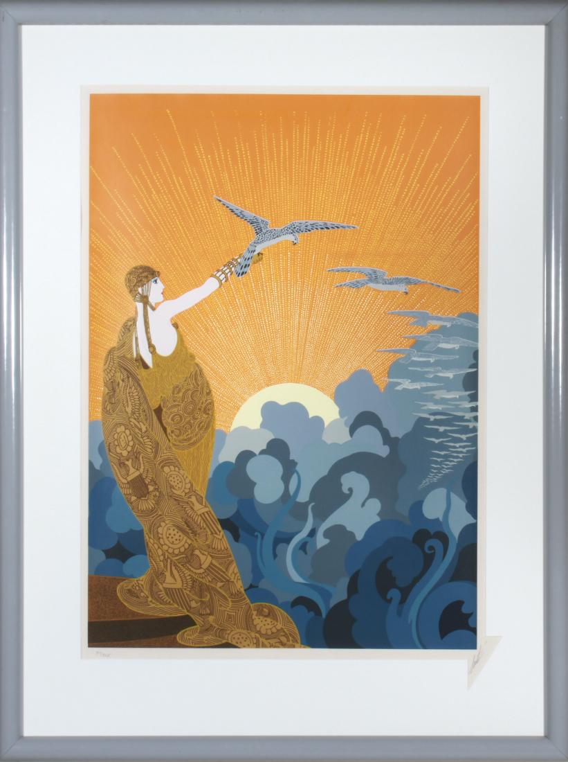 Erte "Wings of Victory" 1978 Colored Serigraph: Romain Erte (Russian/French, 1892-1990) "Wings of Victory," 1978, woman in Art Deco outfit with birds flying into the distance, signed in pencil lower right "Erte," edition # 34/325, paper embossed lo