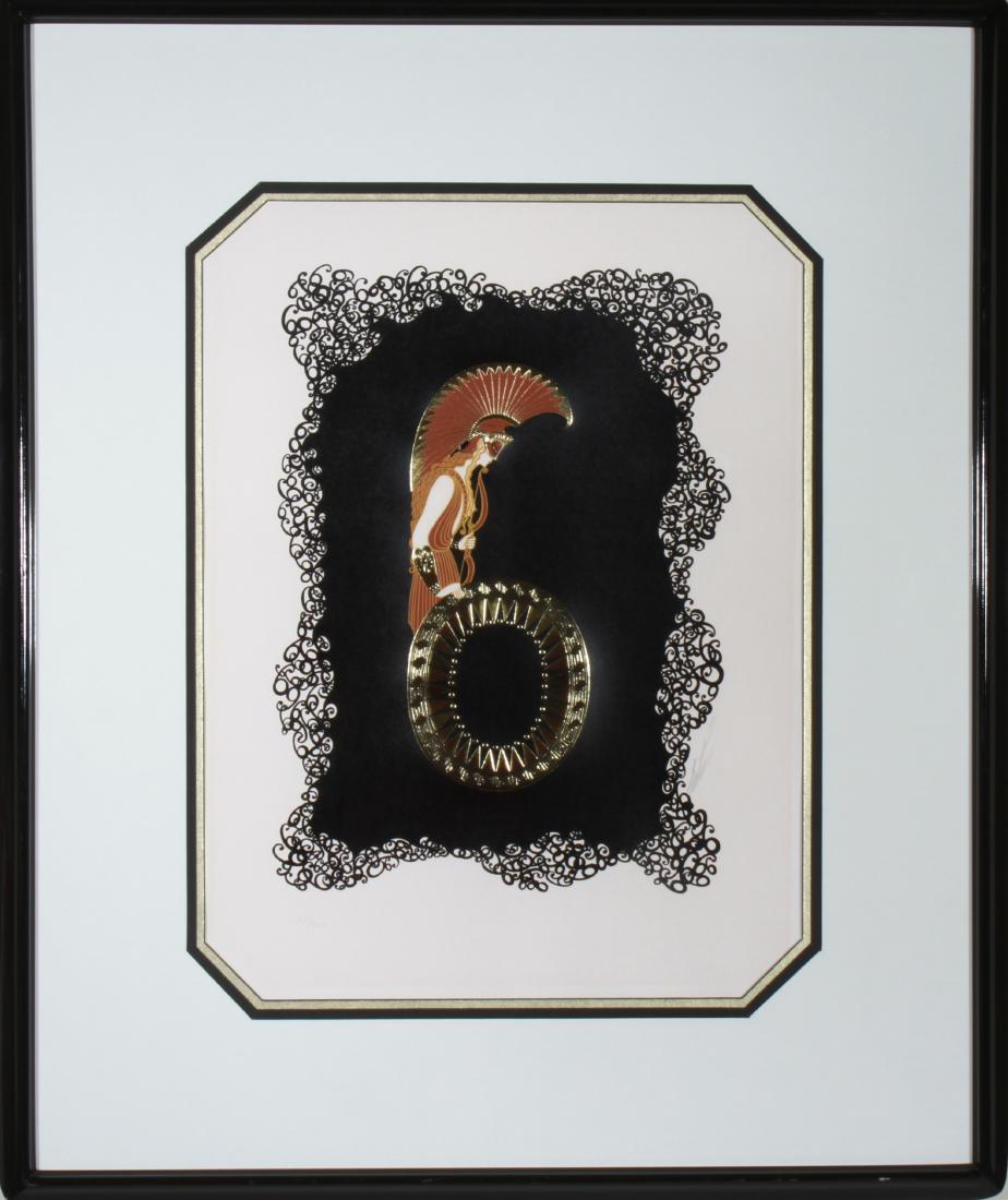 Erte "Number 6" Colored Serigraph Pencil Signed: Romain Erte (Russian/French, 1892-1990) "Number 6," 1976, depicting figure Art Deco figure holding shield, composition resembling the numeral, signed in pencil lower right, edition # 140/350, colored