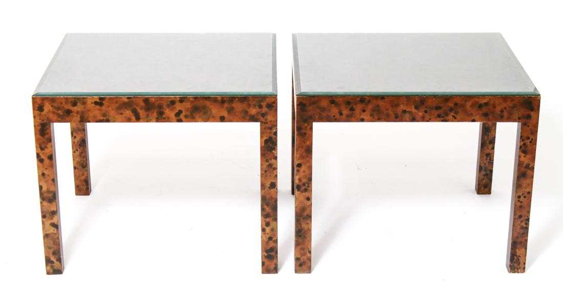 Modern Wood Side Tables w Glass Tops, Pair: Pair of modern wood side tables with glass tops and painted finish. From the Collection of Actor Ron Rifkin.