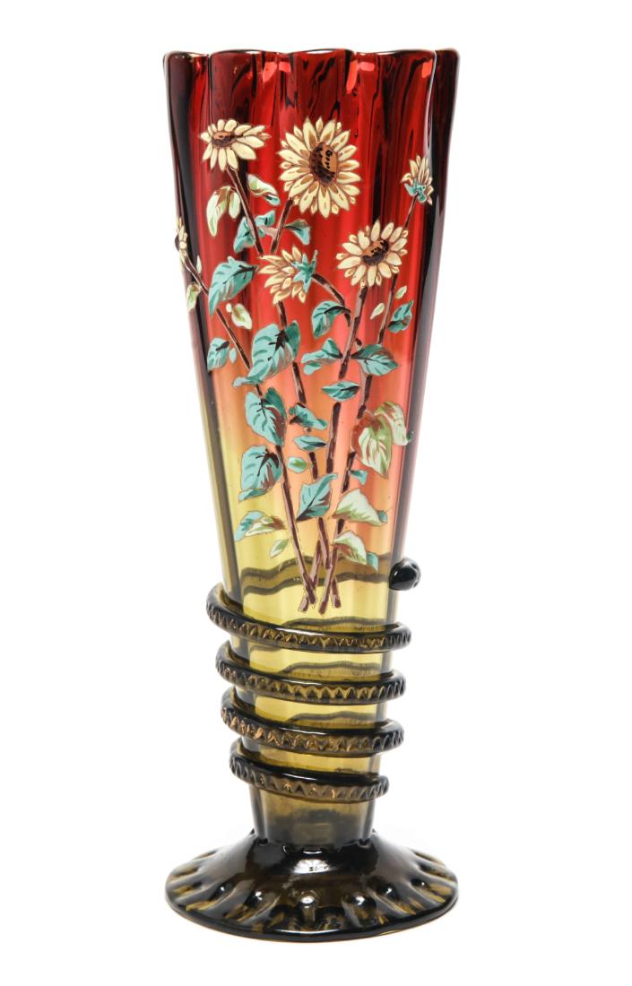 Floral Enamel Fluted Trumpet Art Glass Vase: Fluted trumpet art glass vase with enamel sunflowers. 10" H x 3.5" diameter.